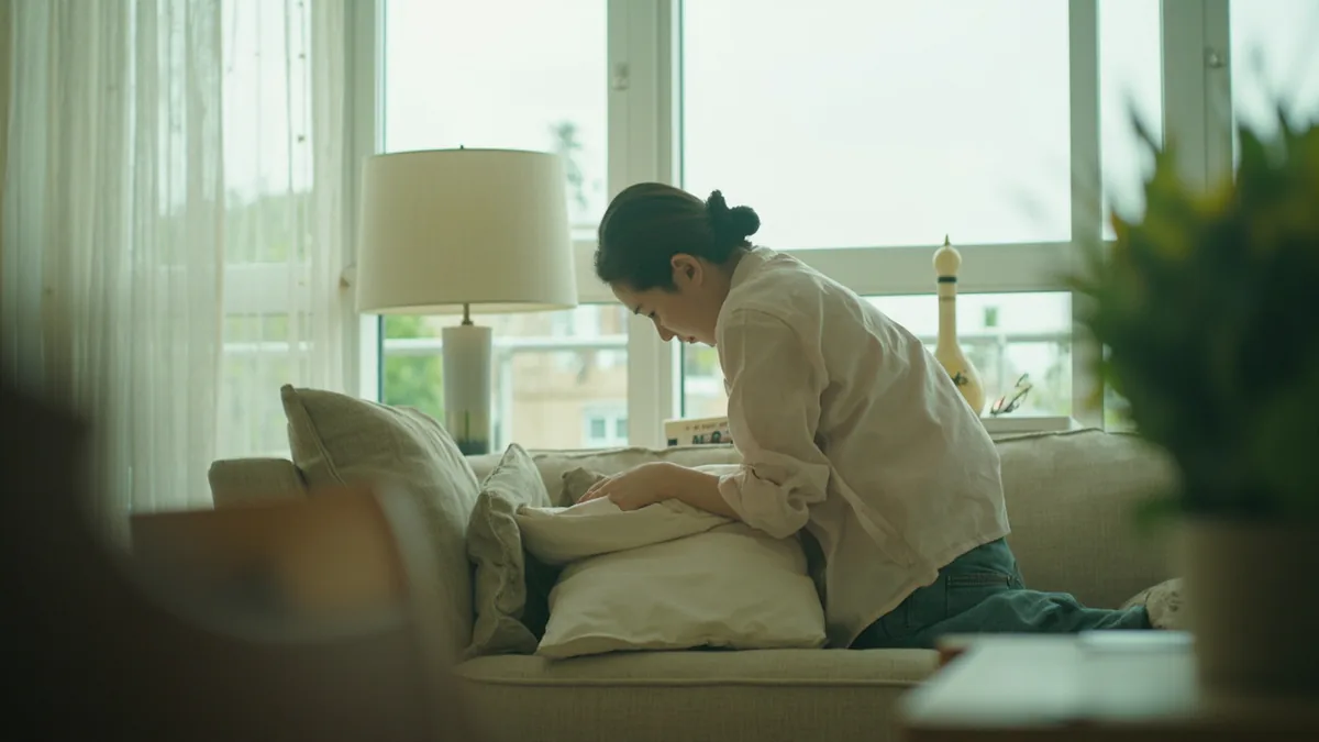 A person searches under a sofa cushion with a concerned expression, looking for a misplaced item, illustrating “where” in Chinese: 在哪里？ (zài nǎli?)