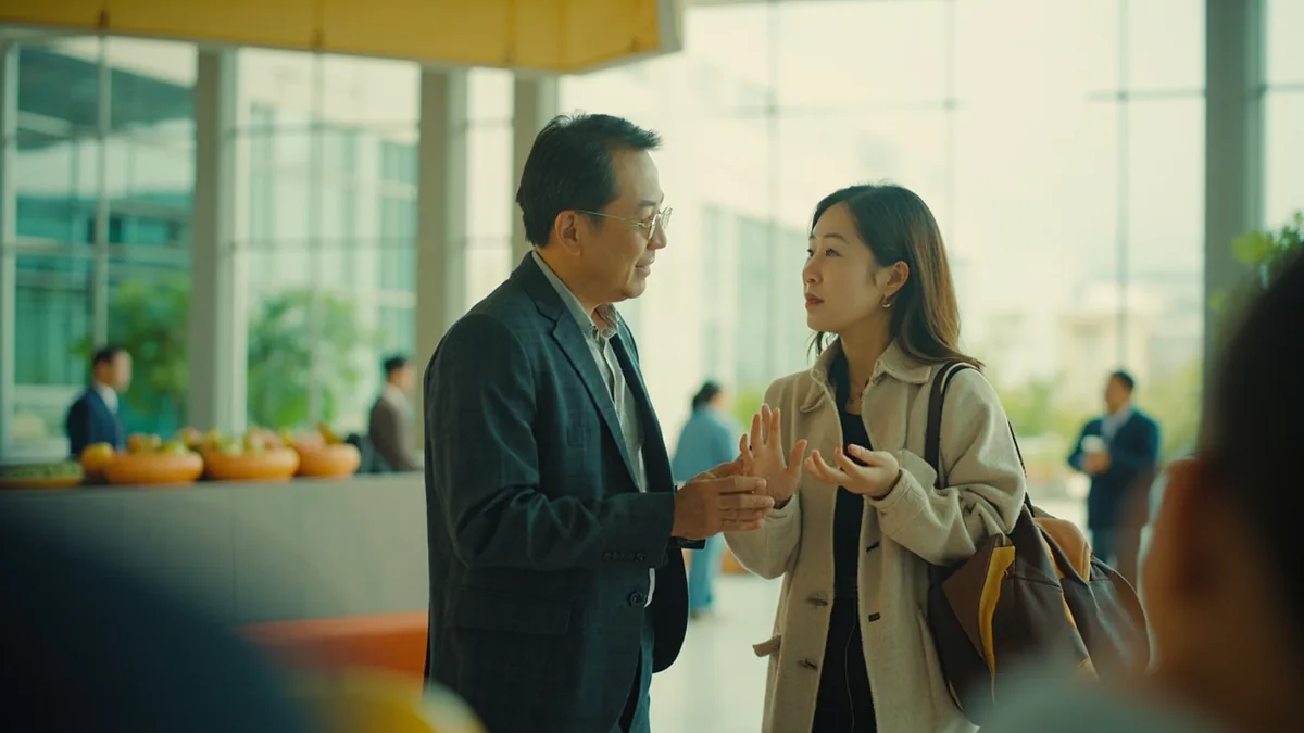A visitor gestures inquiringly about a restroom location in a public building, illustrating “where is the restroom” in Chinese: 洗手间在哪里？ (xǐshǒujiān zài nǎli?)