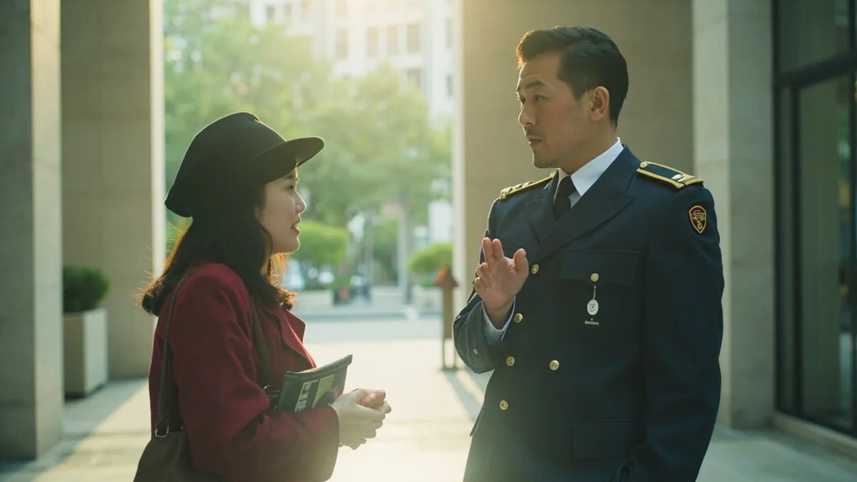 A person asks a security guard for directions to an embassy building, illustrating “where is the us embassy” in Chinese: 美国大使馆在哪里？ (Měiguó dàshǐguǎn zài nǎli?)