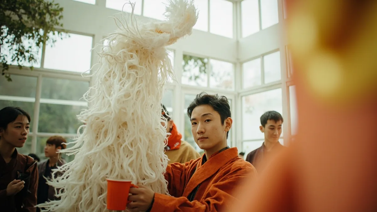 A performer holds up a long white dragon costume head during preparations, illustrating “white dragon” in Chinese: 白龙 (bái lóng)