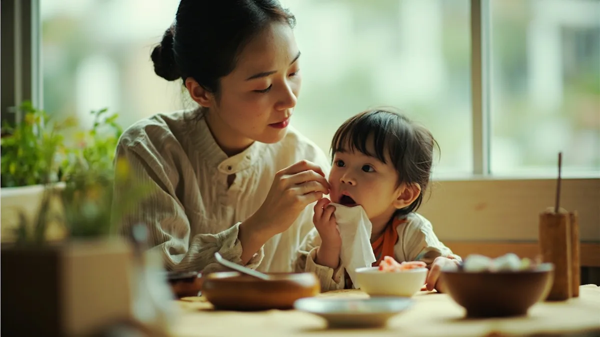 A parent gently wipes a child's mouth clean after they finish eating, illustrating “wipe your mouth” in Chinese: 擦擦嘴 (cāca zuǐ)