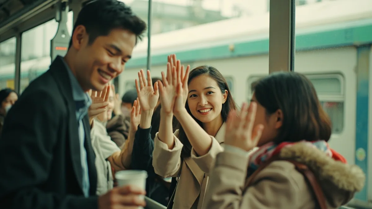 Friends wave goodbye to a traveler at a train station platform, illustrating “wishing you all the best” in Chinese: 祝你一切顺利 (zhù nǐ yíqiè shùnlì)
