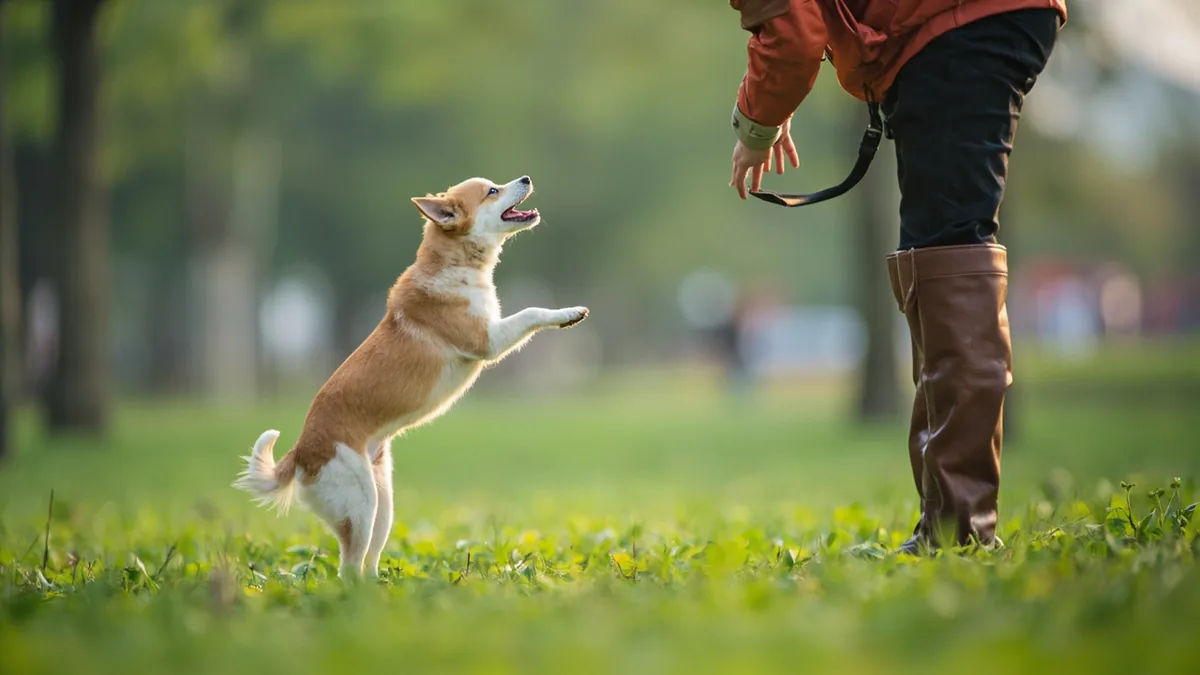 A small, fluffy dog barks playfully at its owner in an open park, illustrating “woof woof” in Chinese: 汪汪 (wāngwang)