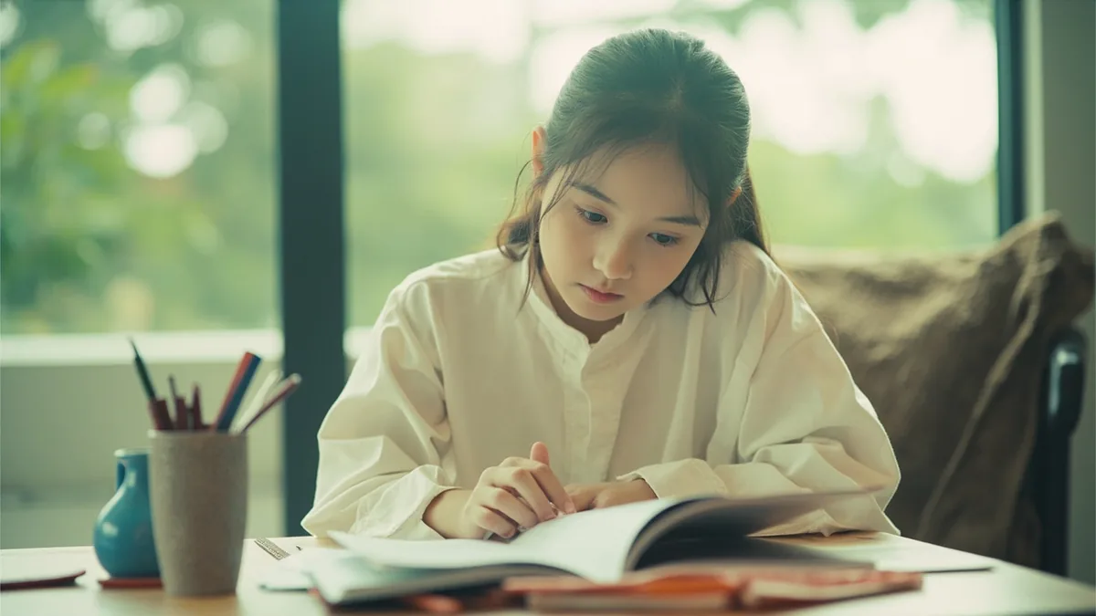 A focused student points to a specific vocabulary section in a textbook, illustrating “words” in Chinese: 词语 (cíyǔ)