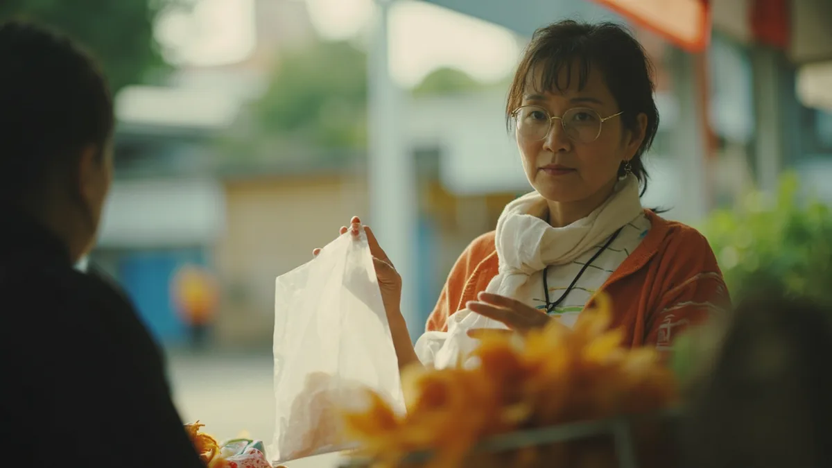 A vendor offers a small bag to a customer holding an item, illustrating “would you like a bag” in Chinese: 需要袋子吗？ (xūyào dàizi ma?)