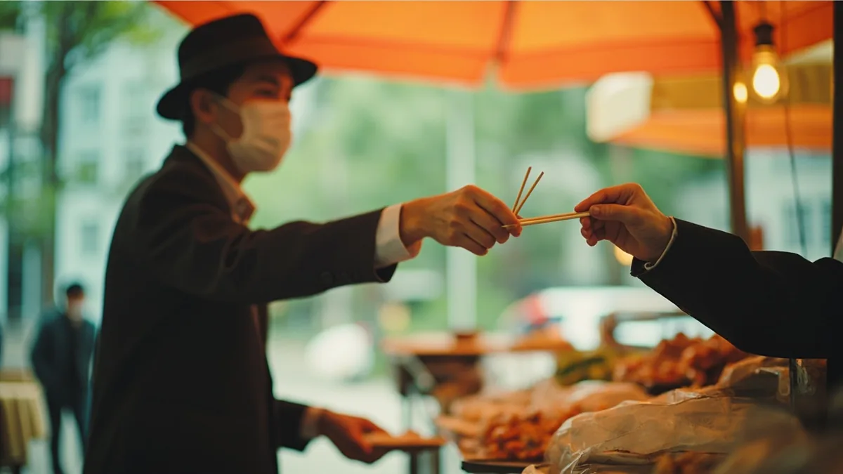A food vendor offers a pair of chopsticks to a customer with their meal, illustrating “would you like chopsticks” in Chinese: 需要筷子吗？ (xūyào kuàizi ma?)