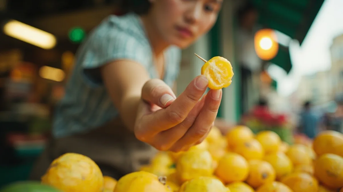 A market vendor offers a small food sample to a potential customer, illustrating “would you like to try it” in Chinese: 要试一下吗？ (yào shì yíxià ma?)