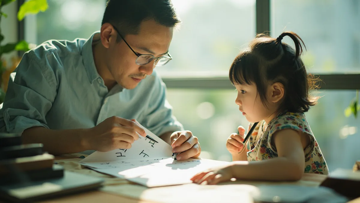 An adult praises a child's neatly formed brush strokes on a practice page, illustrating “writing beautiful” in Chinese: 字写得漂亮 (zì xiě de piàoliang)