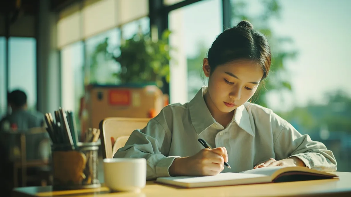 A person thoughtfully composes a message on a blank notebook for a community project, illustrating “writing for peace” in Chinese: 和平写作 (hépíng xiězuò)