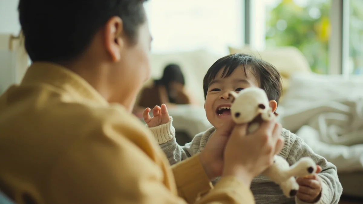 A child proudly displays a small, endearing goat-shaped toy to an adult, illustrating “year of the goat” in Chinese: 羊年 (yángnián)