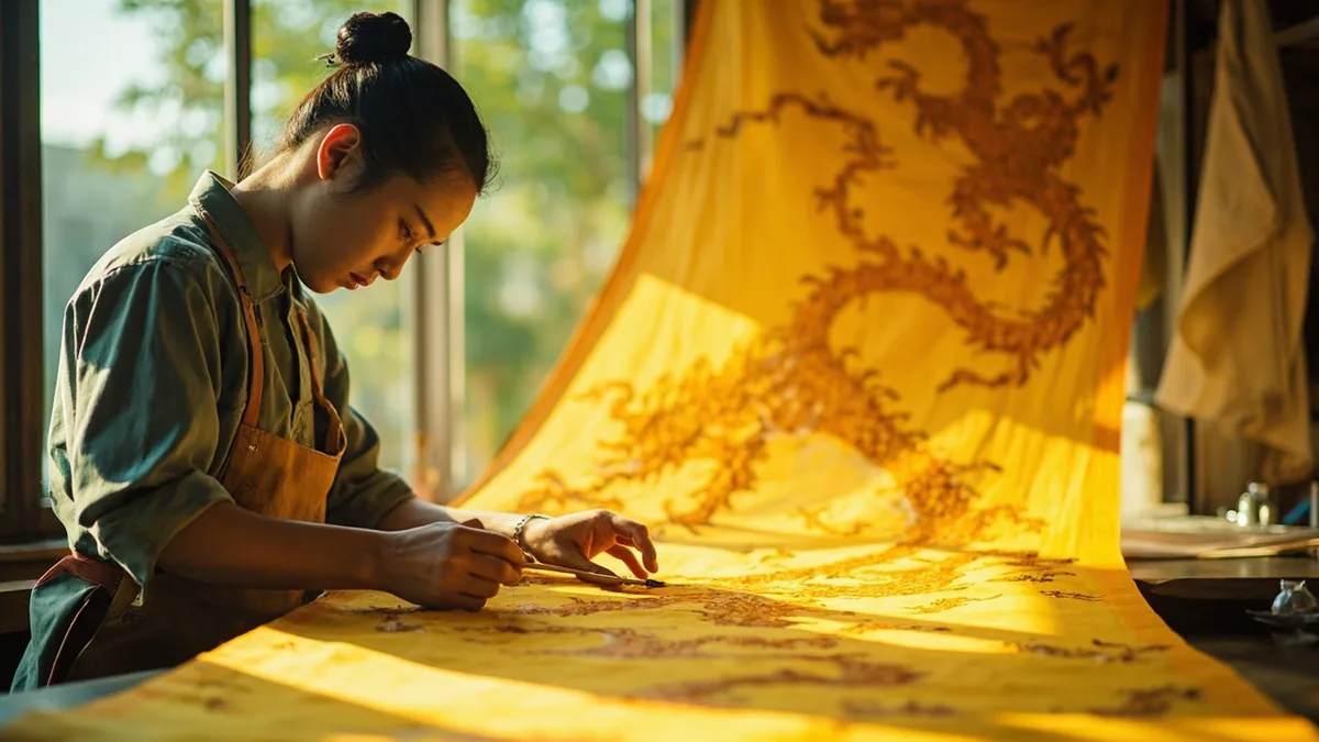 A craftsperson carefully paints a vibrant yellow dragon motif onto a silk fabric, illustrating “yellow dragon” in Chinese: 黄龙 (Huánglóng)