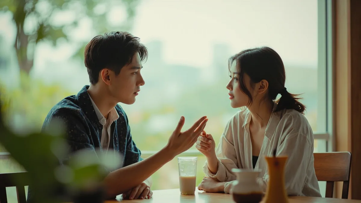 Two friends exchange a quick affirmative and negative gesture during a chat, illustrating “yes and no” in Chinese: 是 / 不是 (shì / búshì)