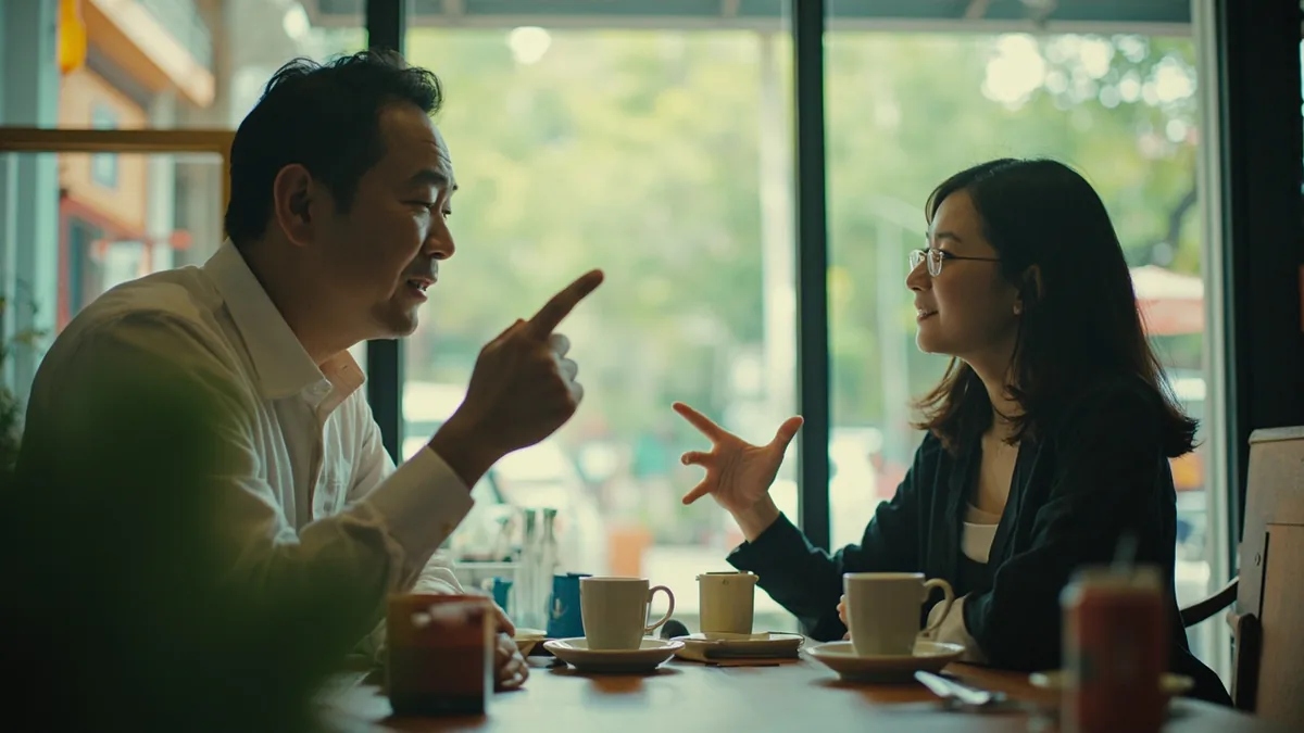 A person enthusiastically agrees with a friend at a cafe table, illustrating “yes I do” in Chinese: 是的 (shìde)