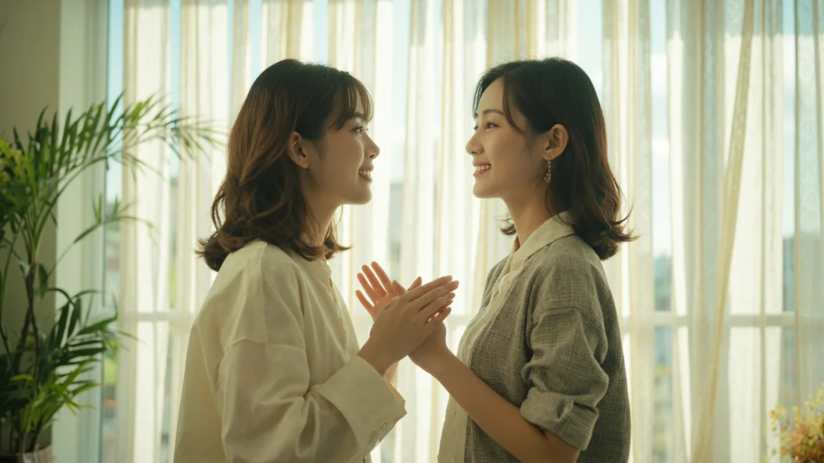 A friend compliments another friend on their appearance, illustrating “you are beautiful” in Chinese: 你很漂亮 (nǐ hěn piàoliang)