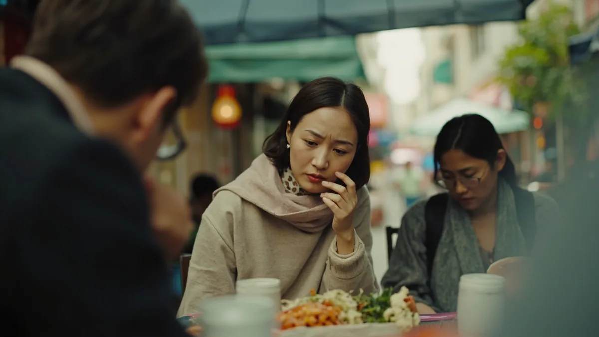 A person reacts with a slight frown after hearing an impolite remark, illustrating “you are fat” in Chinese: 你很胖 (nǐ hěn pàng)