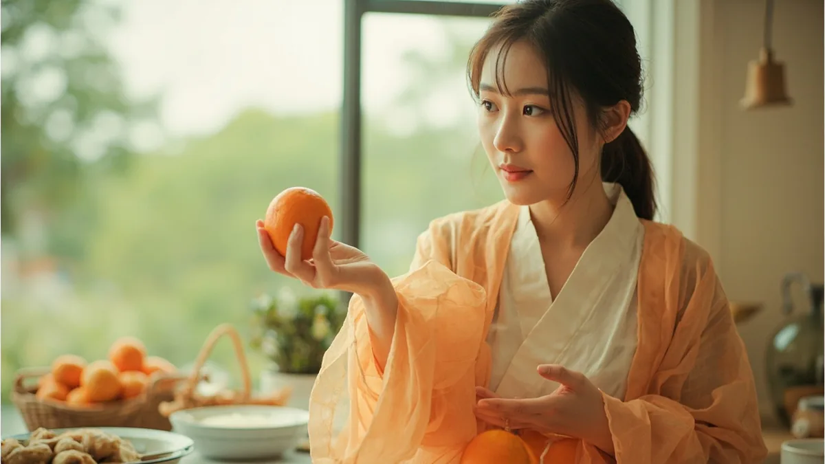 A friendly vendor gestures towards a fresh, unpackaged fruit, indicating its easy preservation, illustrating “you can store it at room temperature” in Chinese: 常温保存就可以 (chángwēn bǎocún jiù kěyǐ)