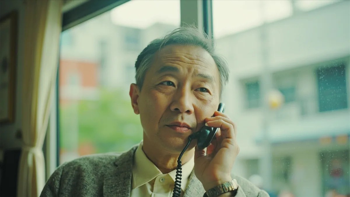 A person politely tells a caller they misdialed, illustrating “you have the wrong number” in Chinese: 您打错了 (nín dǎ cuòle.)