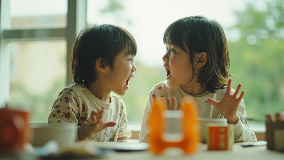 A child makes a teasing face at another child during playtime, illustrating “you re ugly” in Chinese: 你真丑 (nǐ zhēn chǒu)