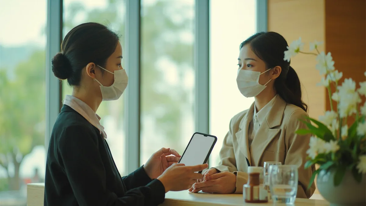 A hotel guest presents their booking confirmation to the receptionist, illustrating “your booking confirmation, please” in Chinese: 请出示预订确认单 (qǐng chūshì yùdìng quèréndān)