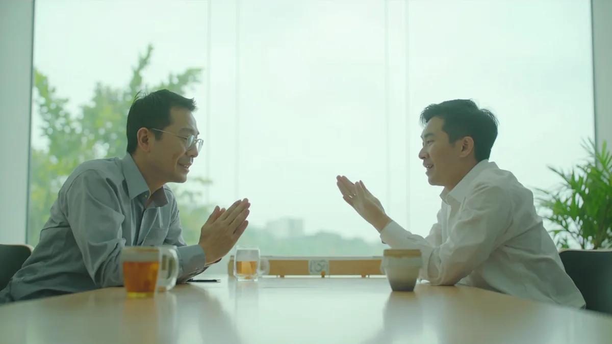 Business partners discuss a proposal in a professional meeting, illustrating “your company (polite)” in Chinese: 贵公司 (guì gōngsī)