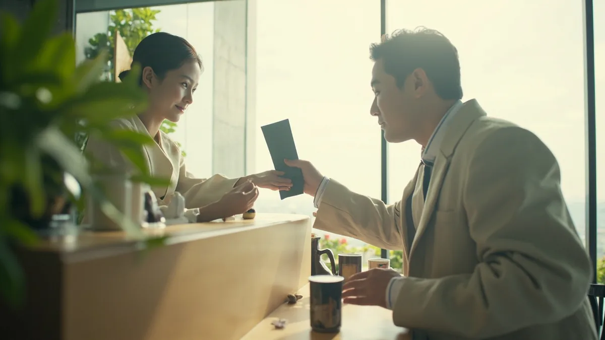 A hotel clerk politely requests a guest's travel identification document, illustrating “your passport, please” in Chinese: 请出示护照 (qǐng chūshì hùzhào)