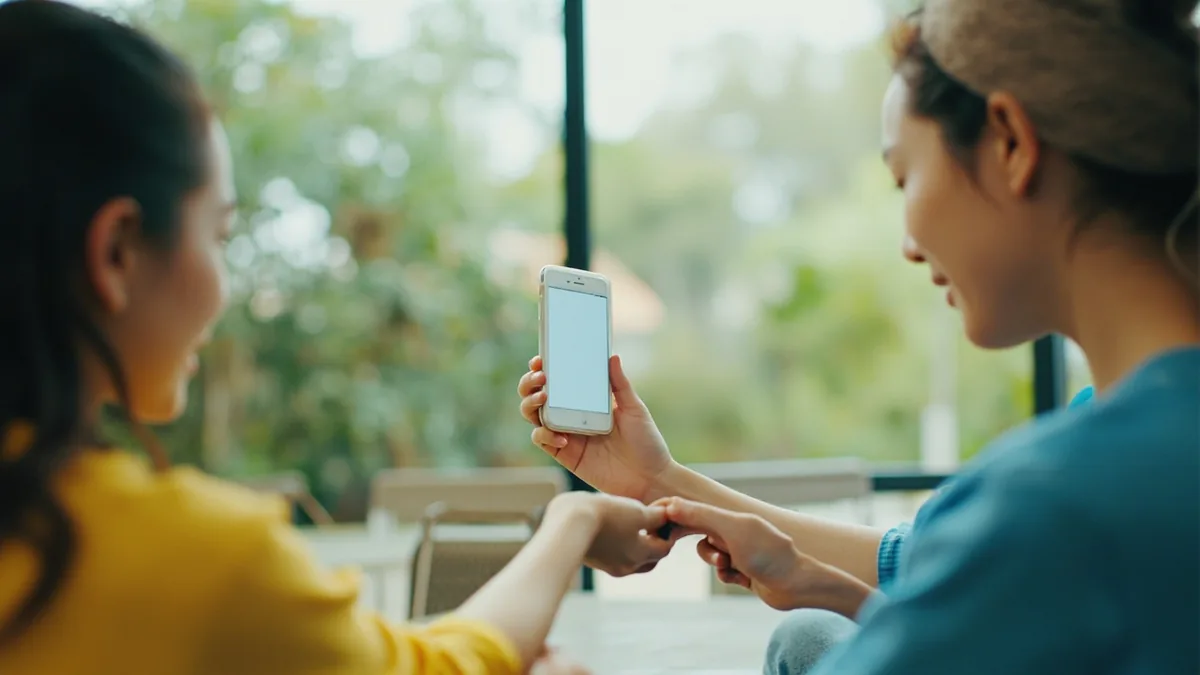A person returns a smartphone after taking a picture for someone else, illustrating “your photo is taken (here you go)” in Chinese: 照片拍好了 (zhàopiàn pāi hǎole)