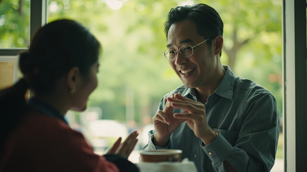 A person makes a reassuring gesture after being thanked for a small favor, illustrating “you're welcome” in Chinese: 不客气 (bù kèqi)