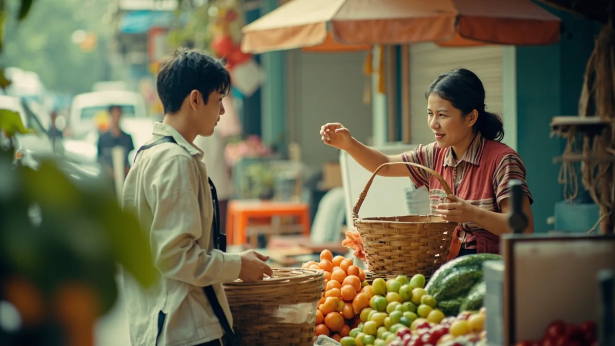 A market vendor displays an empty produce basket to a customer, illustrating “zero” in Chinese: 零 (líng)