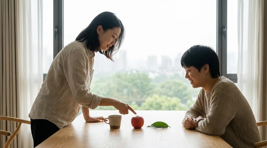 A child points to simple objects laid out on a bright table