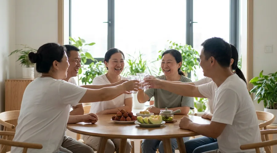 Friends raise plain glasses together over a table of fresh fruit