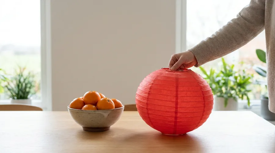 Hands unfold a red paper lantern beside a bowl of tangerines