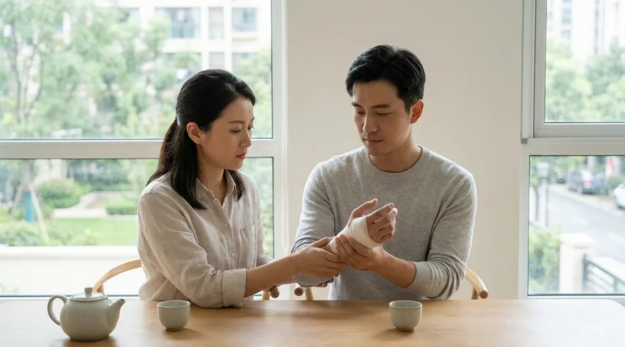 One person steadies a friend holding a wrapped wrist with gentle concern