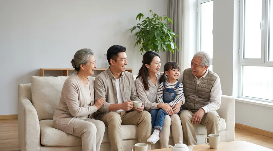 Three generations of a family lean together on a sunlit couch