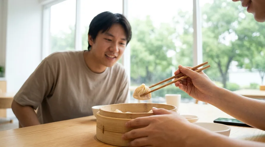 Hands lift steaming dumplings from a bamboo steamer at a bright table