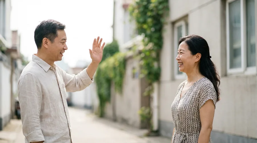 Two adults greet each other with a raised hand on a sunlit lane