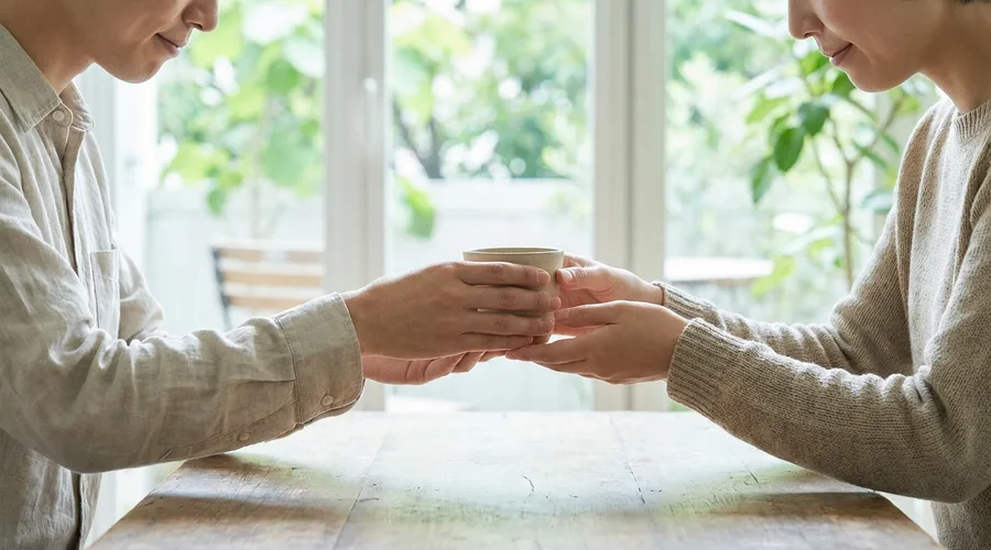 Two people pass a plain cup across a bare table with a courteous nod