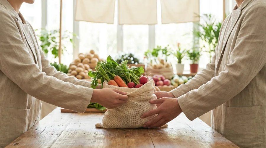 A vendor hands a cloth bag of fresh vegetables across a bare counter